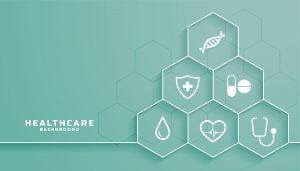 healthcare background with medical symbols in hexagonal frame
